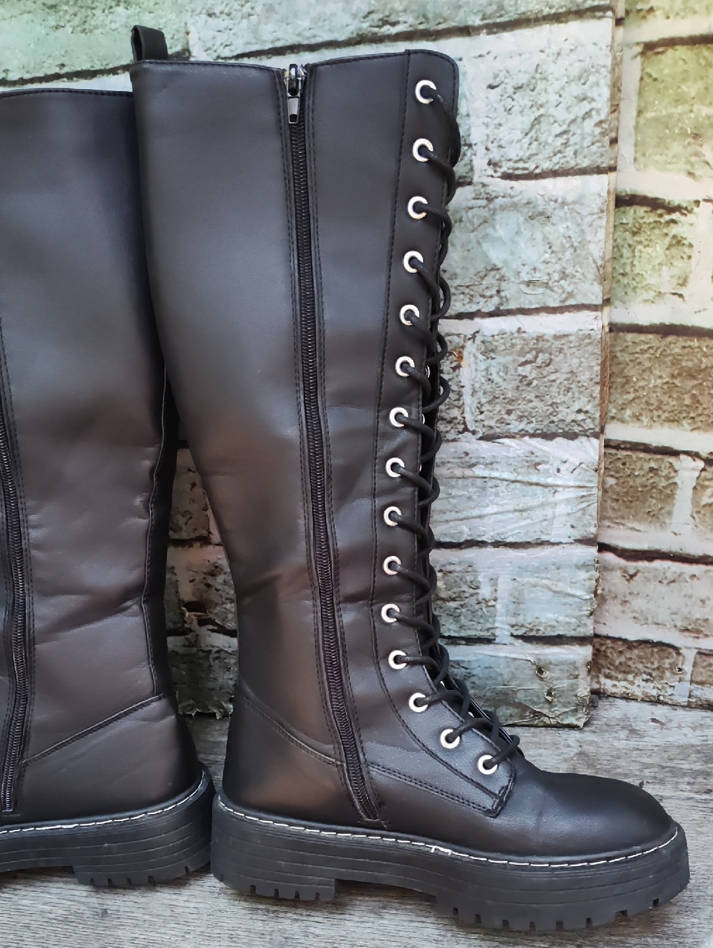 Sugar Lethal Tall Black Lace Up Combat Boots, 8m - Picture 7 of 8